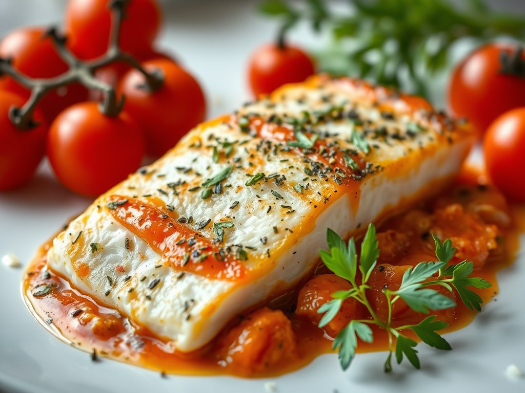 Gebakken roodbaarsfilet met sinaasappeltomatensaus, AI-gegenereerde illustratie