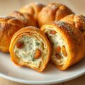 Gebakken rozijnenbroodrolletjes gevuld met roomkaa