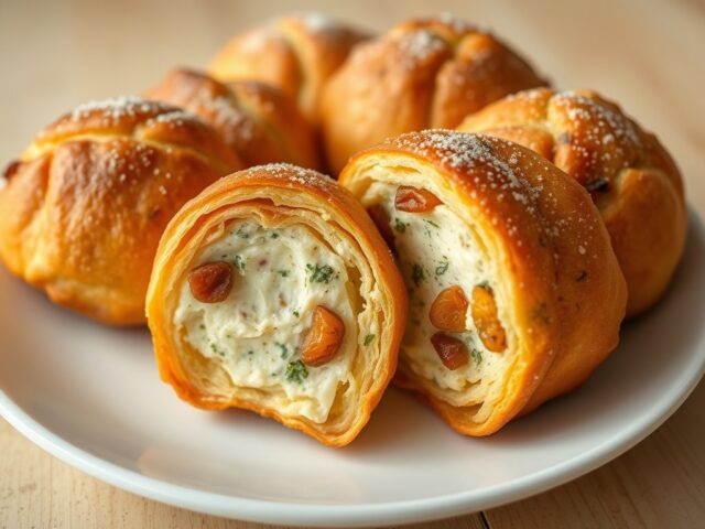 Gebakken rozijnenbroodrolletjes gevuld met roomkaa