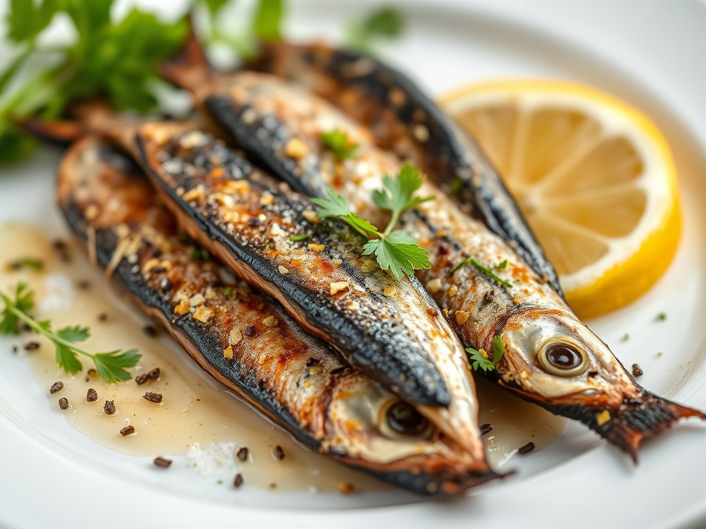 Gebakken sardines met kruiden, AI-gegenereerde illustratie