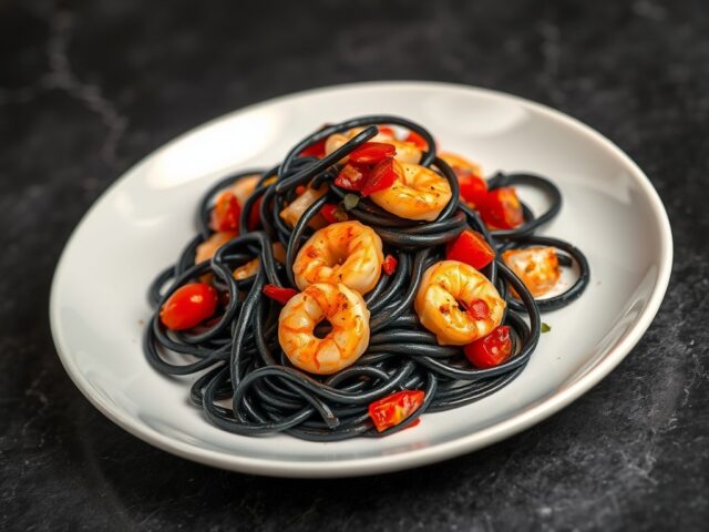 Gebakken scampi’s met Italiaanse zwarte pasta