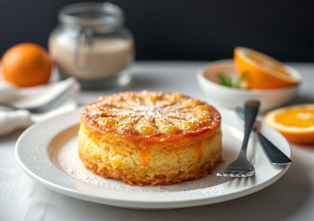Gebakken sinaasappelcheesecake, AI-gegenereerde illustratie