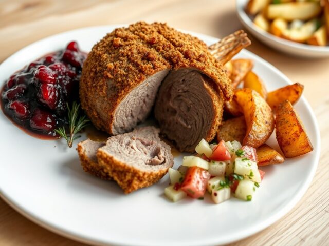 Gebakken skaepsrond met Cranberrycompote, aardappels met rozemarijn uit de oven en Venkelsalsa