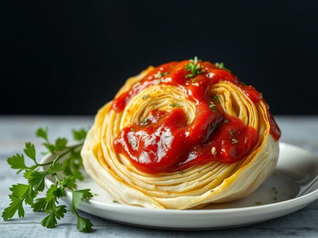 Gebakken spitskool met ketchup en kruiden
