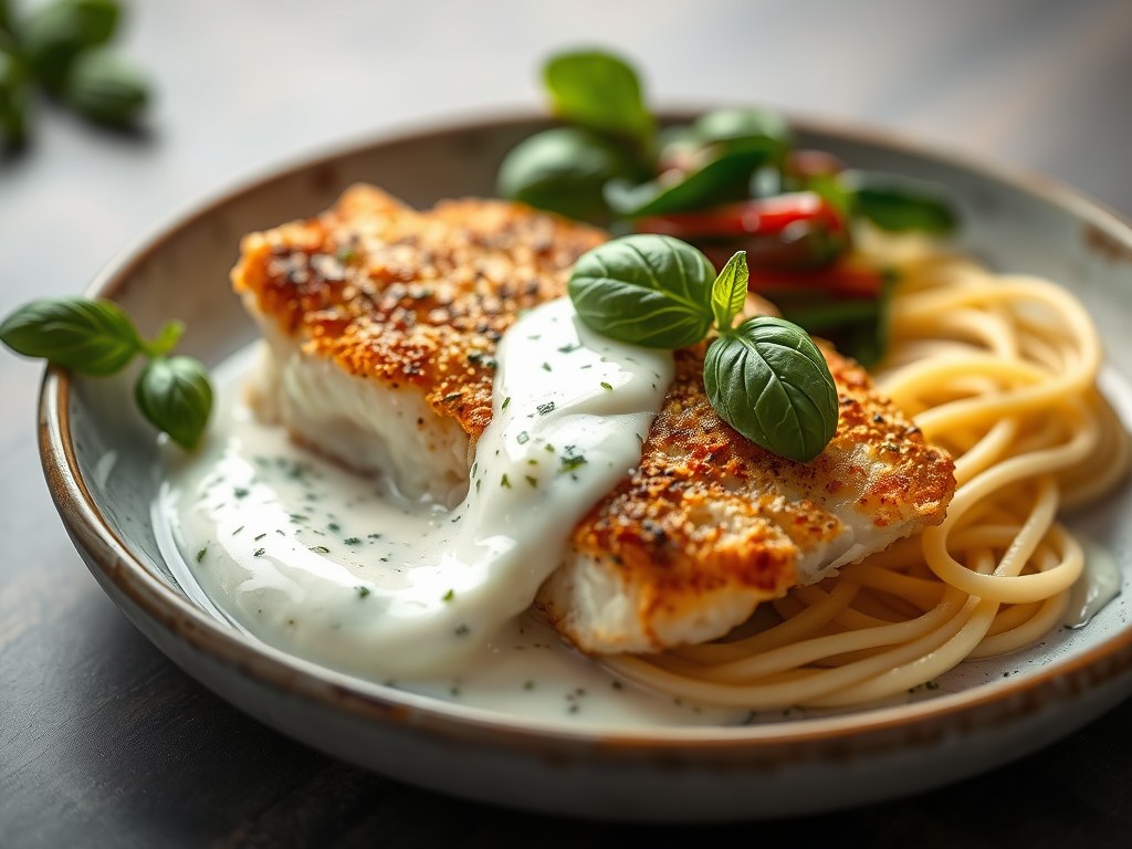 Gebakken Tilapia met basilicumsaus, AI-gegenereerde illustratie