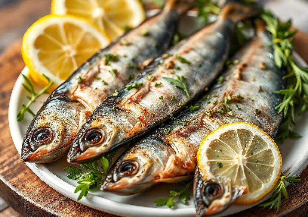 Gebakken verse Sardines met citroen en oregano, AI-gegenereerde illustratie