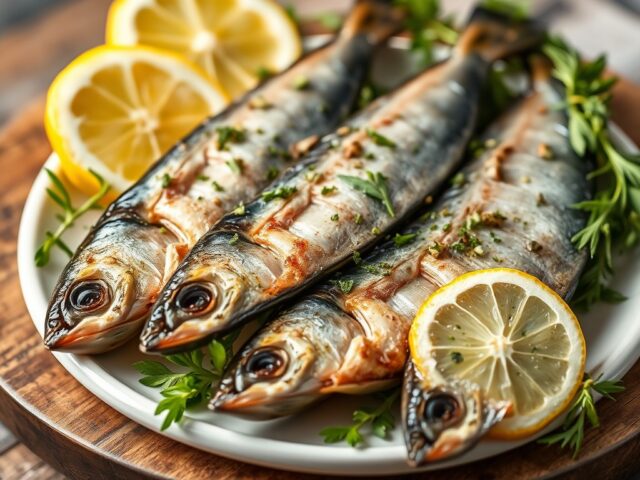 Gebakken verse Sardines met citroen en oregano — AI-gegenereerde illustratie