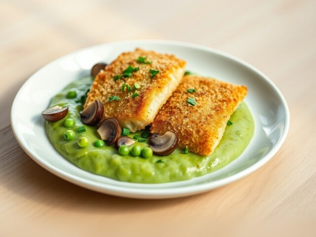 Gebakken vis met dorerwtenpuree en champignons