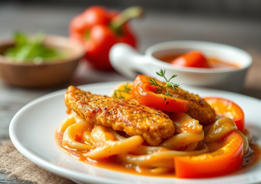 Gebakken vis(vlees of gevogelte)met zoetzure saus, AI-gegenereerde illustratie