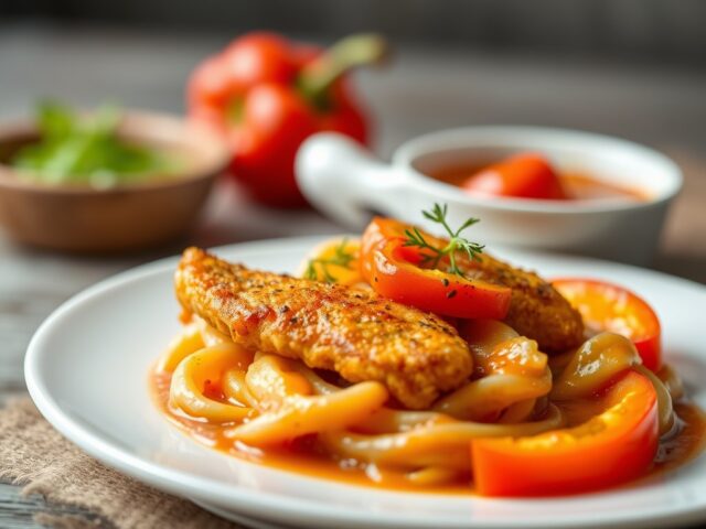 Gebakken vis(vlees of gevogelte)met zoetzure saus — AI-gegenereerde illustratie