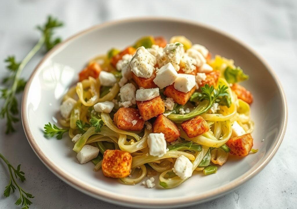 Gebakken witlof met peer, walnoot en gorgonzola, AI-gegenereerde illustratie