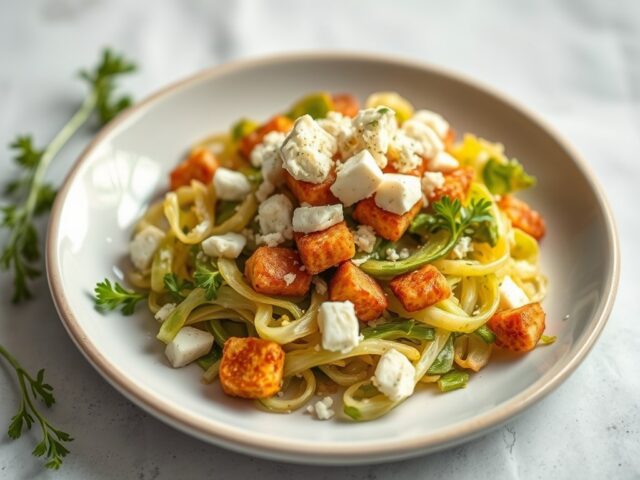 Gebakken witlof met peer, walnoot en gorgonzola — AI-gegenereerde illustratie