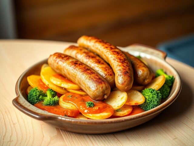 Gebakken worstjes met tomaat en broccoli