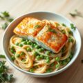 Gebakken zalm met rucola en pasta: