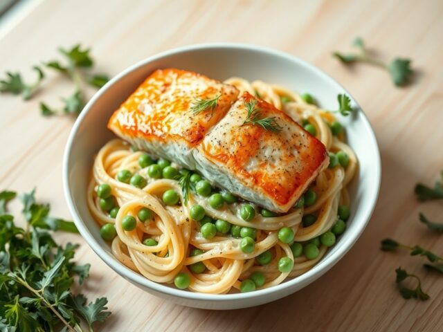 Gebakken zalm met rucola en pasta: