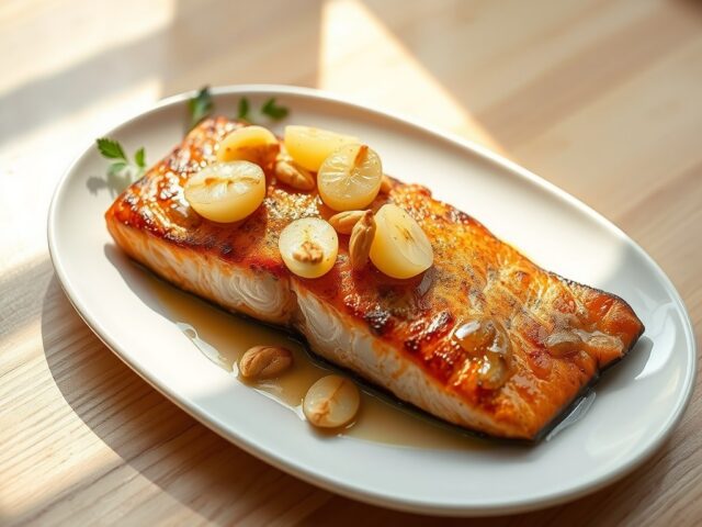 Gebakken zalmfilet met druiven en cashewnoten
