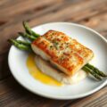 Gebakken zeebaars met asperges en aardappelcrème