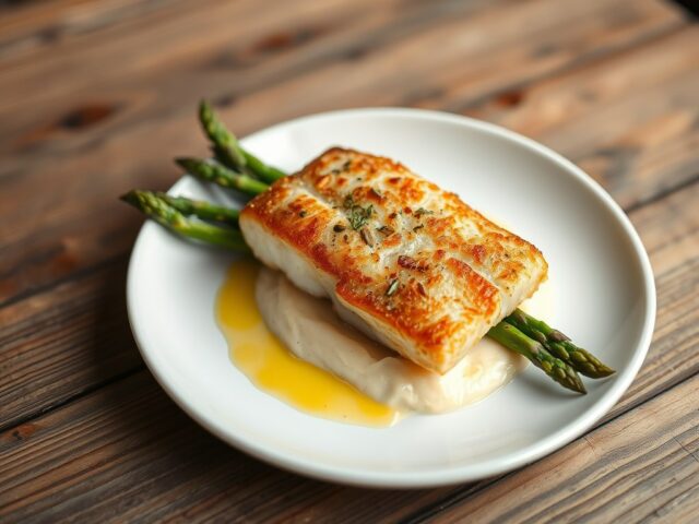 Gebakken zeebaars met asperges en aardappelcrème
