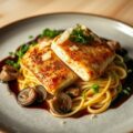 Gebakken zeeduivel met tuinkers, gekruide oesterzwam, tagliatelle en Oud Brugge schilfers