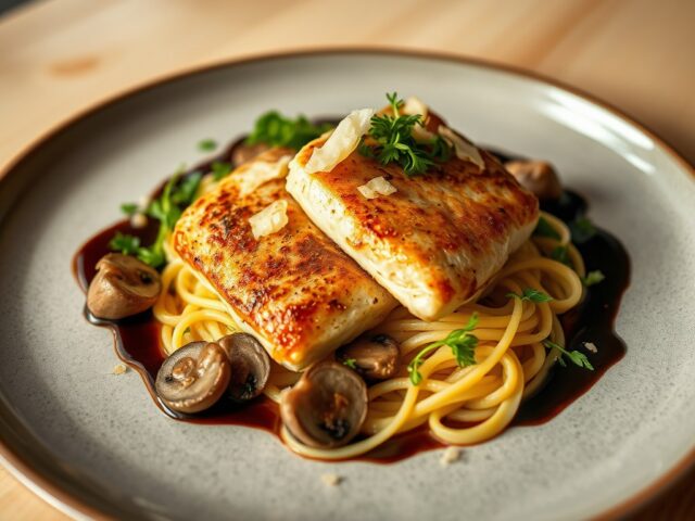 Gebakken zeeduivel met tuinkers, gekruide oesterzwam, tagliatelle en Oud Brugge schilfers