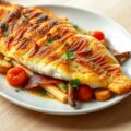 Gebakken zeewolf met ragout van witte asperges, tomaten, croutons en spekreepjes