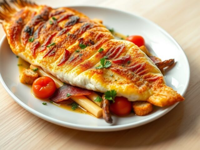 Gebakken zeewolf met ragout van witte asperges, tomaten, croutons en spekreepjes