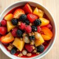 Gebakken zomerfruit met rooibosframbozensaus en ge