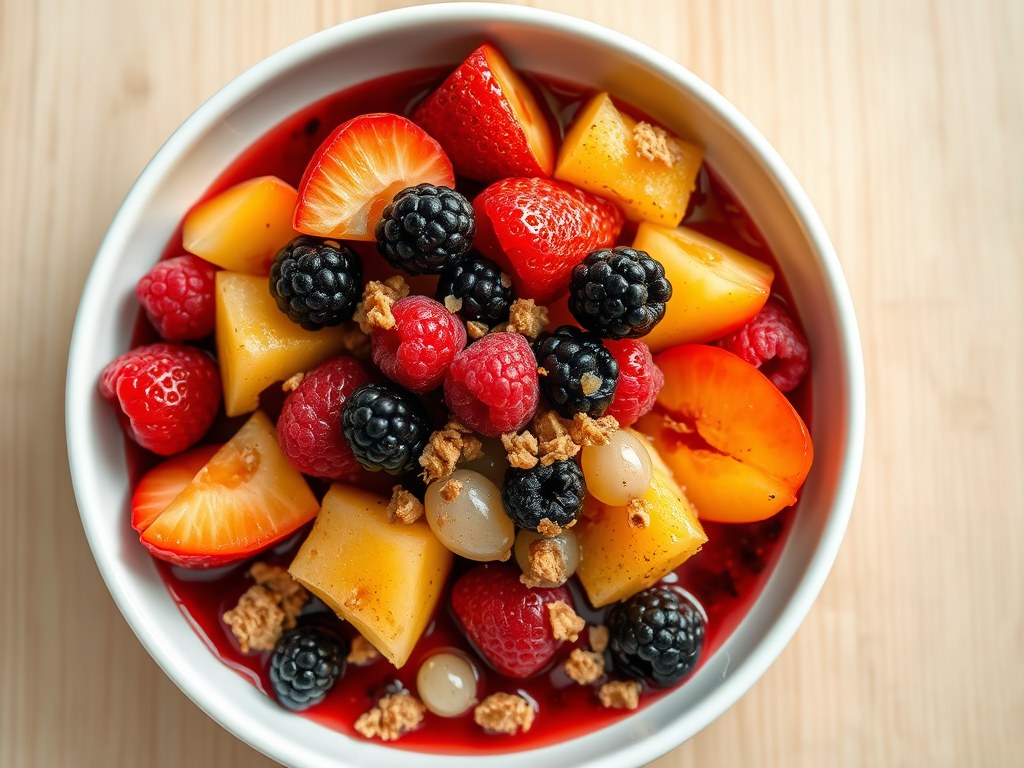 Gebakken zomerfruit met rooibosframbozensaus en ge, AI-gegenereerde illustratie