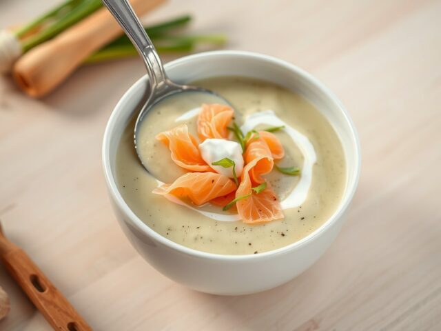 Gebonden koude preisoep met gerookte zalm (Creme de poireaux froide)