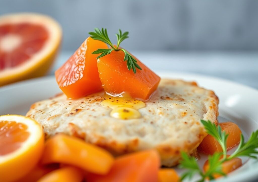 Gebraden eendenborstfilets met Florida grapefruit, AI-gegenereerde illustratie