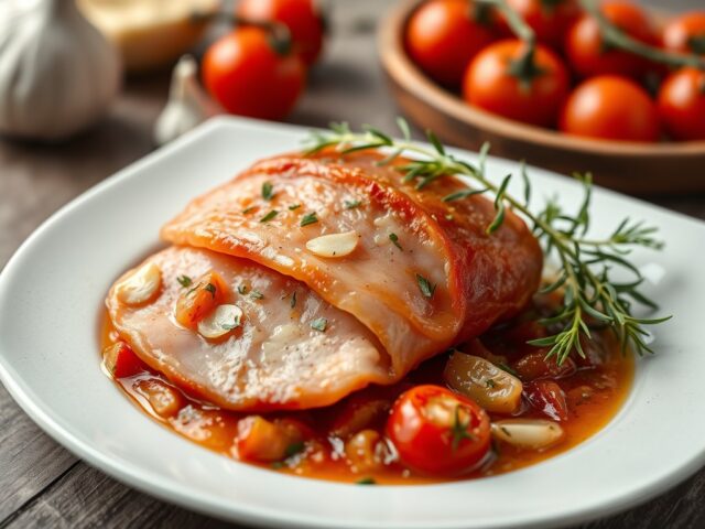 Gedroogde ham met knoflook en tomaat