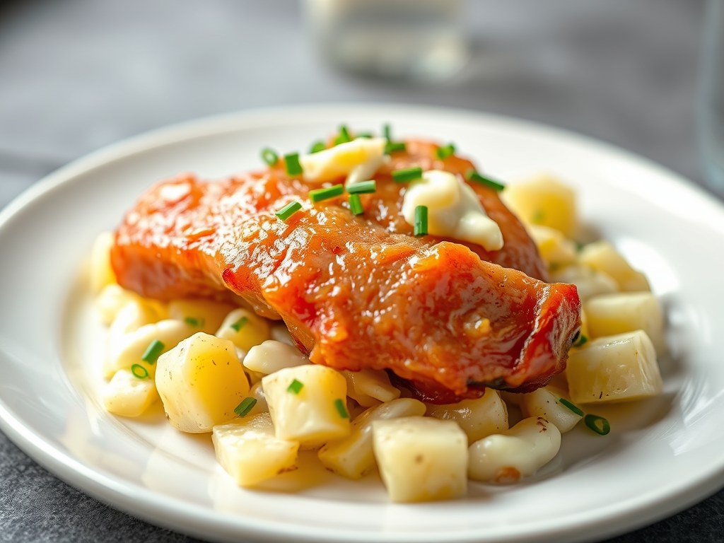 Gedroogde livarham met aardappelsalade verse vijge, AI-gegenereerde illustratie