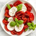 Gedroogde tomatenchips met mozzarella en basilicum