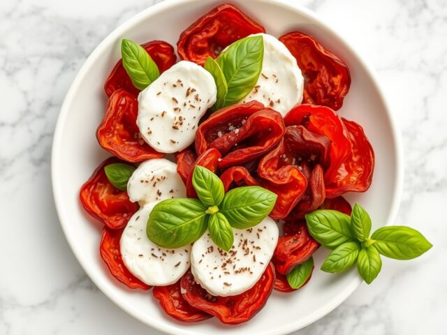 Gedroogde tomatenchips met mozzarella en basilicum