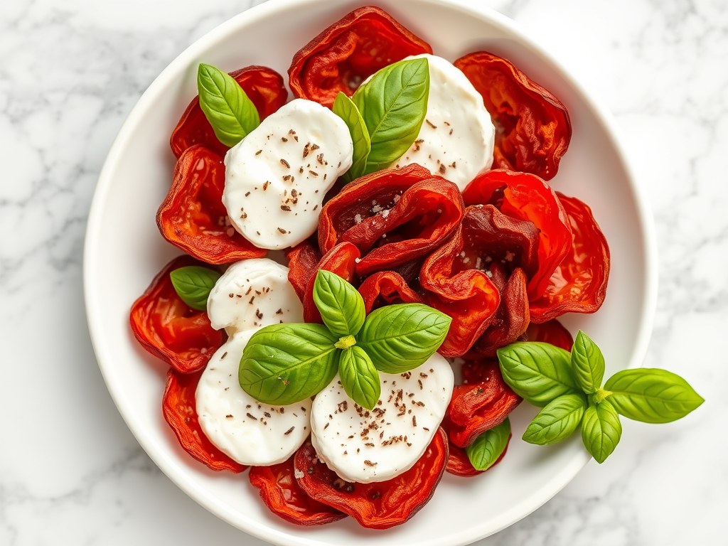 Gedroogde tomatenchips met mozzarella en basilicum, AI-gegenereerde illustratie