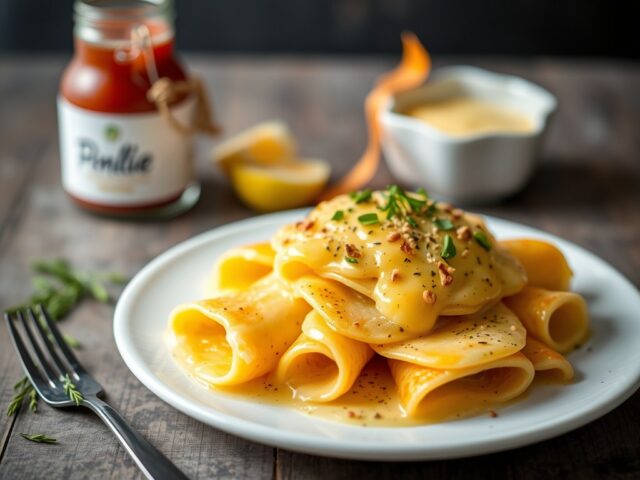 Geflambeerde flensjes met perensaus — AI-gegenereerde illustratie