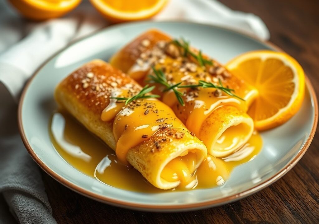 Geflambeerde flensjes met sinaasappelsaus, AI-gegenereerde illustratie