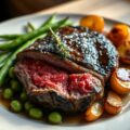 Geflambeerde tournedos met peulen en krieltjes