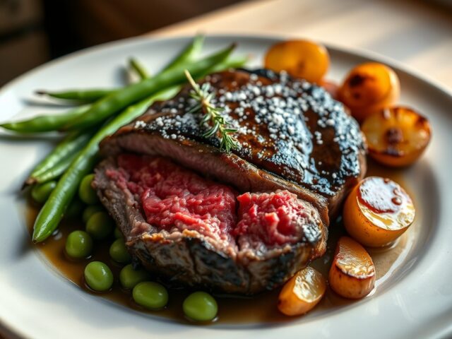 Geflambeerde tournedos met peulen en krieltjes
