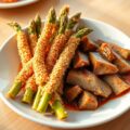 Gefrituurde asperges in een kokosjasje met varkensvleesreepjes