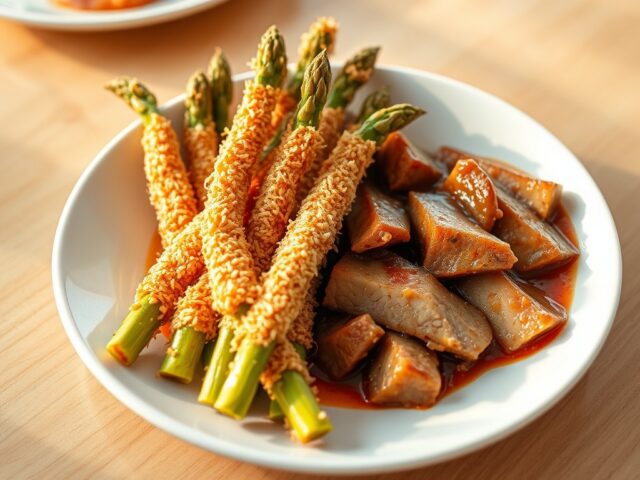 Gefrituurde asperges in een kokosjasje met varkensvleesreepjes