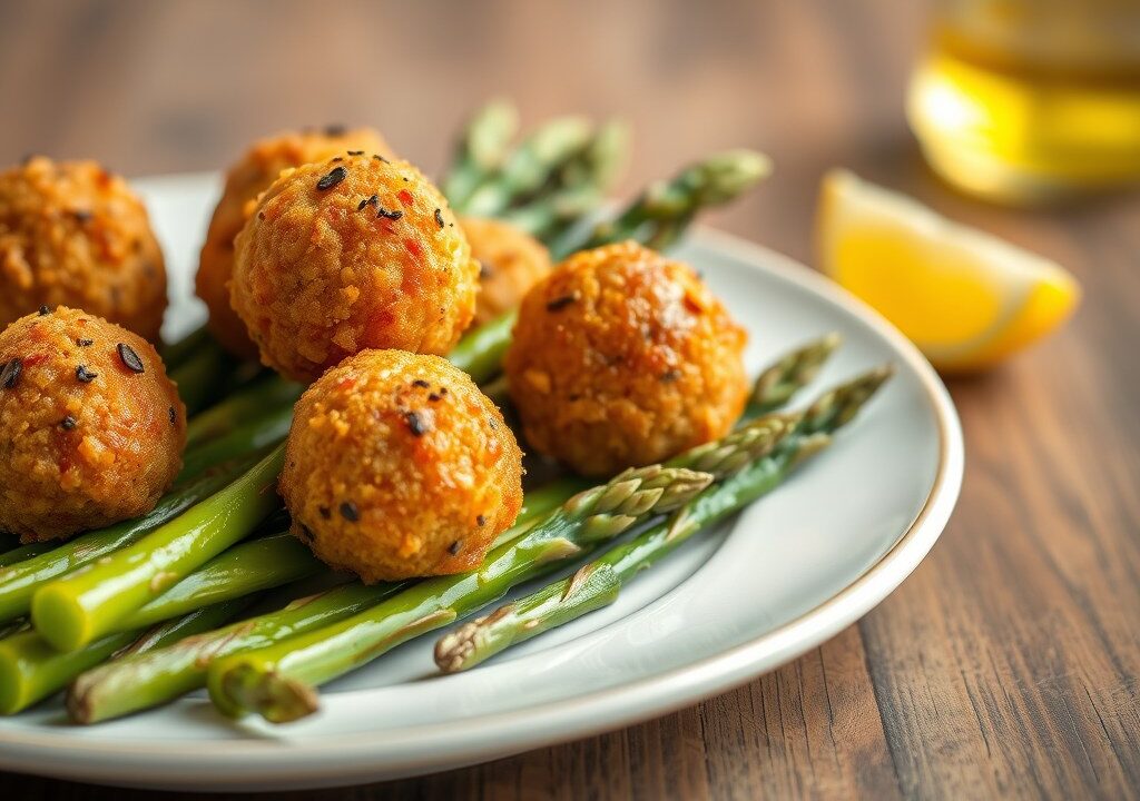 Gefrituurde Boursin balletjes met groene asperges, AI-gegenereerde illustratie