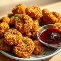 Gefrituurde champignons met rode wijn- knoflooksau