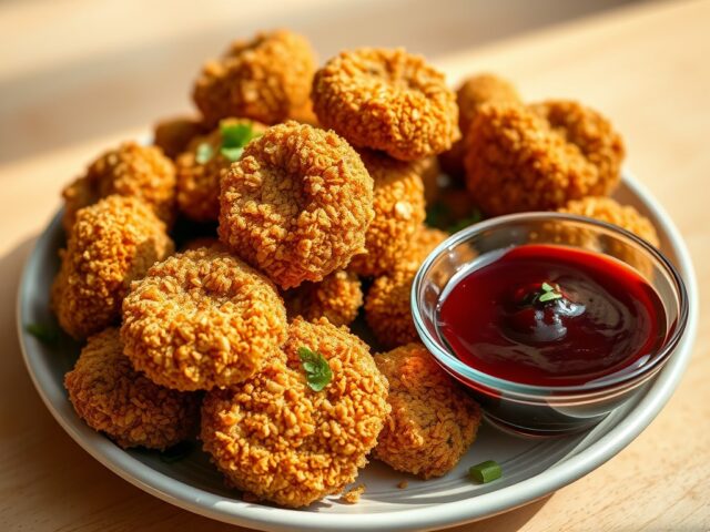 Gefrituurde champignons met rode wijn- knoflooksau