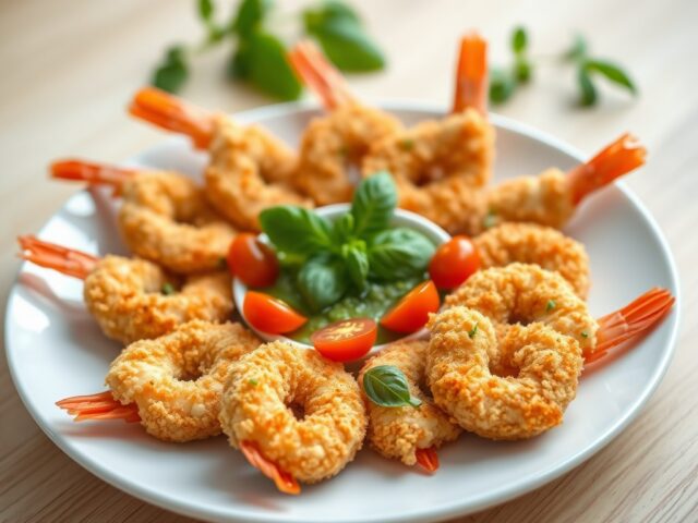 Gefrituurde gamba met basilicumvinaigrette