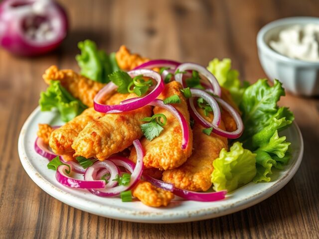 Gefrituurde haring met rode uiensalade, olijvensau