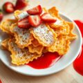 Gefrituurde pannenkoek-reepjes met aardbeienmoes