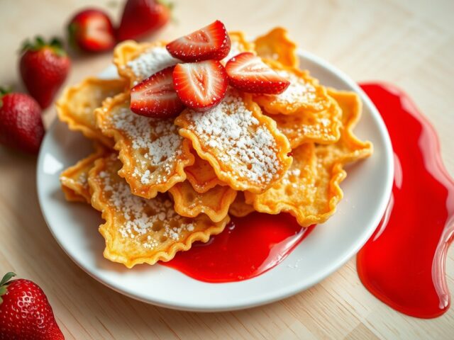 Gefrituurde pannenkoek-reepjes met aardbeienmoes
