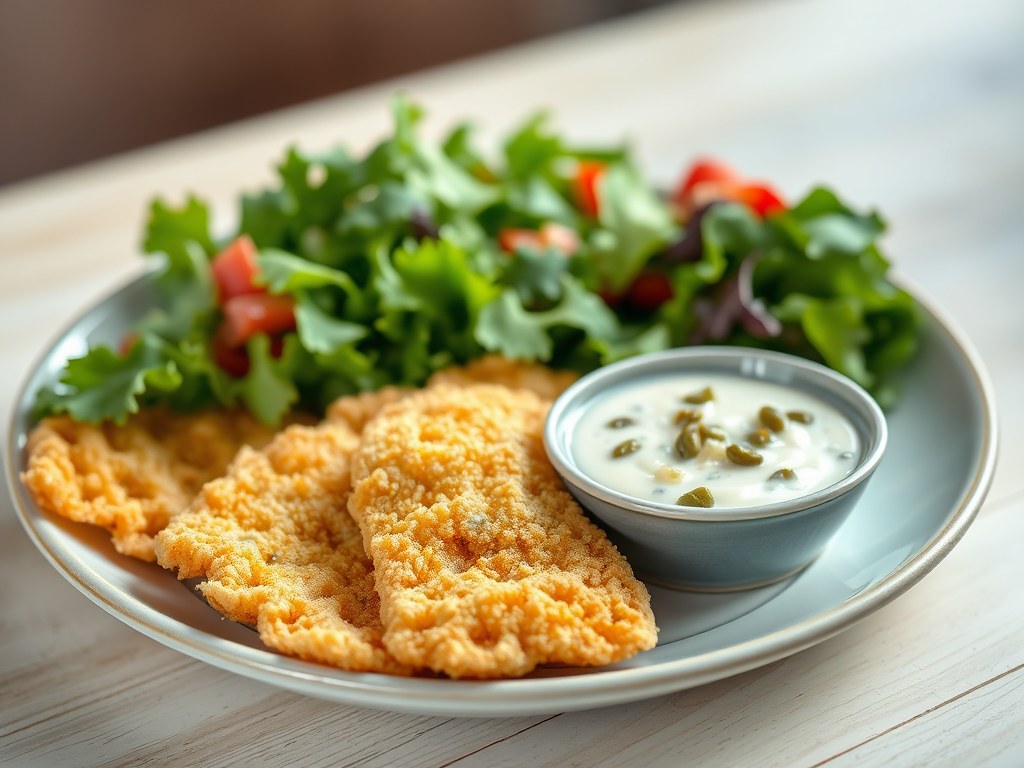 Gefrituurde pladijsfilets met remouladesaus en frisse salade, AI-gegenereerde illustratie