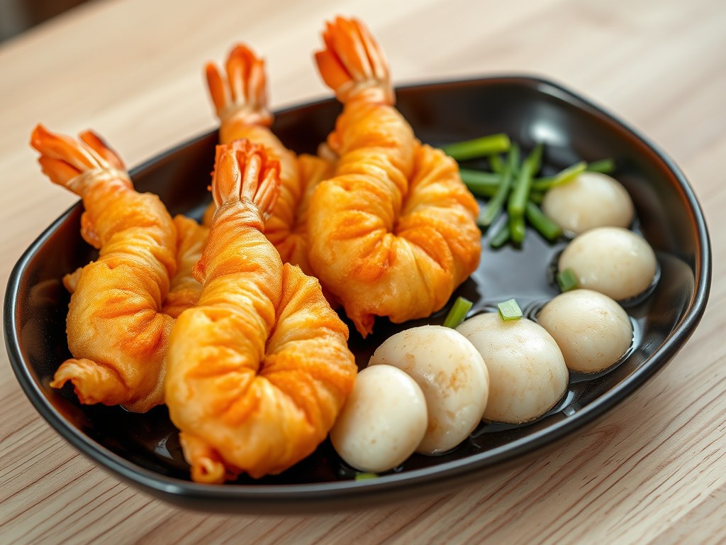Gefrituurde scampi met rijsttaartjes, AI-gegenereerde illustratie
